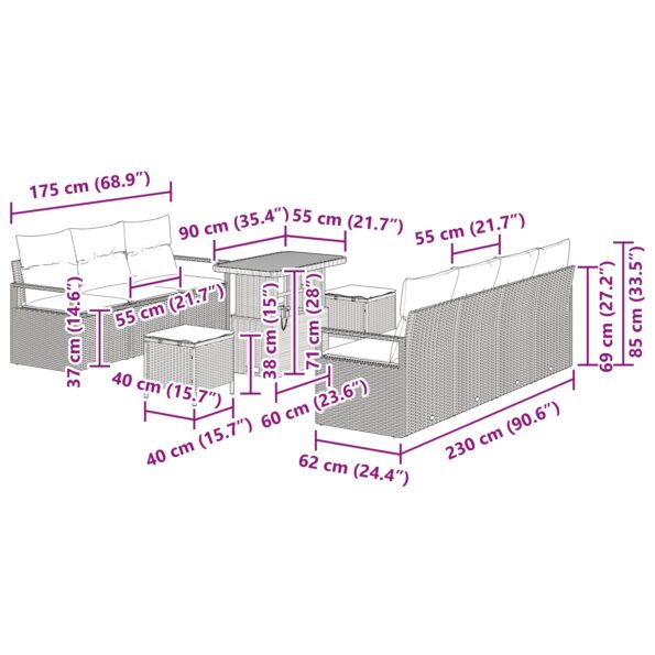 vidaXL set záhradných pohoviek s vankúšmi, 10 kusov, čierny polyratan, akáciový – Obrázok 12