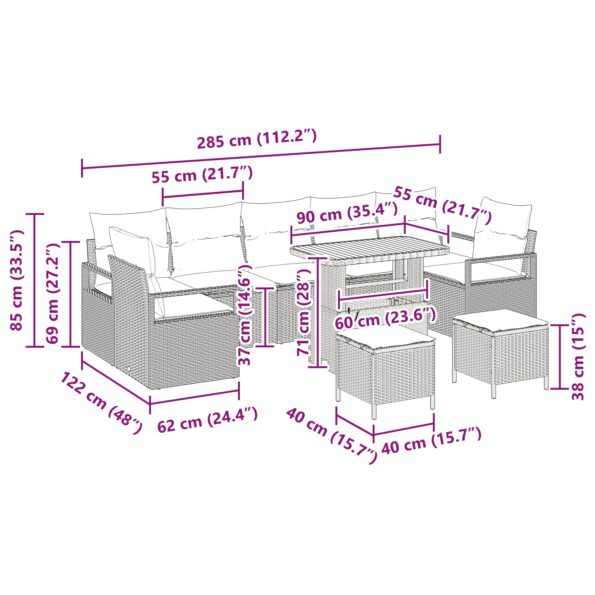 vidaXL 10-dielny záhradný sofa set s vankúšmi Čierny polyratan akácia – Obrázok 12