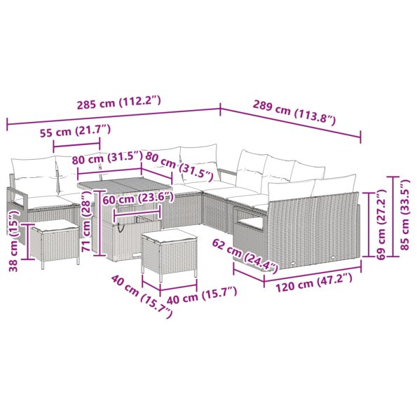 vidaXL 13-dielna súprava záhradných pohoviek s vankúšmi Béžová Polyratan Akácia – Obrázok 12