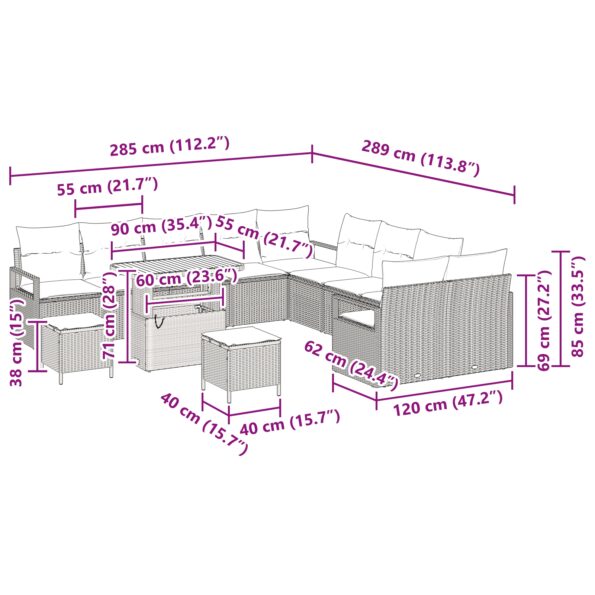 vidaXL 13 kusová záhradná pohovka s vankúšmi čierny poly ratan akácia – Obrázok 12