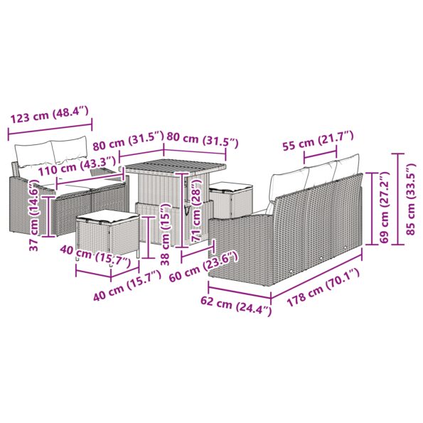 vidaXL 8-dielna záhradná pohovka súprava s vankúšmi čierna polyratanová akácia – Obrázok 12