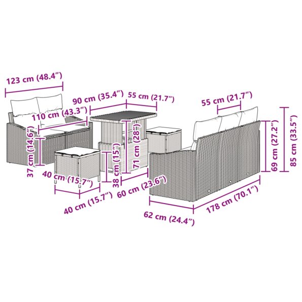 vidaXL 8-dielna sada záhradných pohoviek s vankúšmi béžová poly ratanová akácia – Obrázok 12