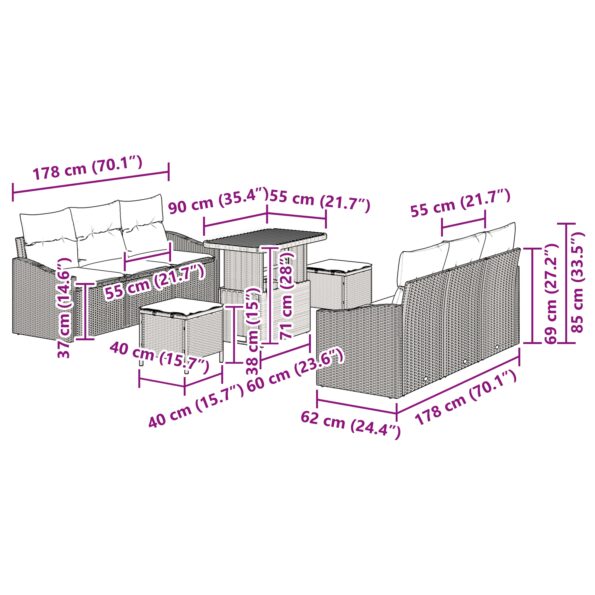 vidaXL 9-kusová súprava záhradného sofa s vankúšmi, čierny poly ratan akácia – Obrázok 12