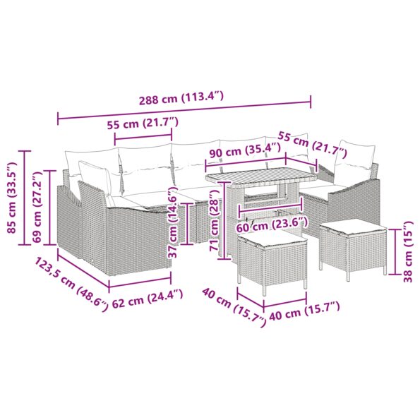 vidaXL 10-dielna záhradná súprava gauča s vankúšmi Béžová poly ratanová akácia – Obrázok 12