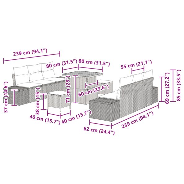 3362737_9.jpg vidaXL 9-dielna súprava záhradného gauča s vankúšmi Béžový Poly ratan Akácia – Obrázok 9