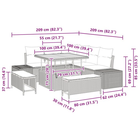 vidaXL 8-dielna súprava záhradnej pohovky s vankúšmi, čierny poly ratan, akácia – Obrázok 10