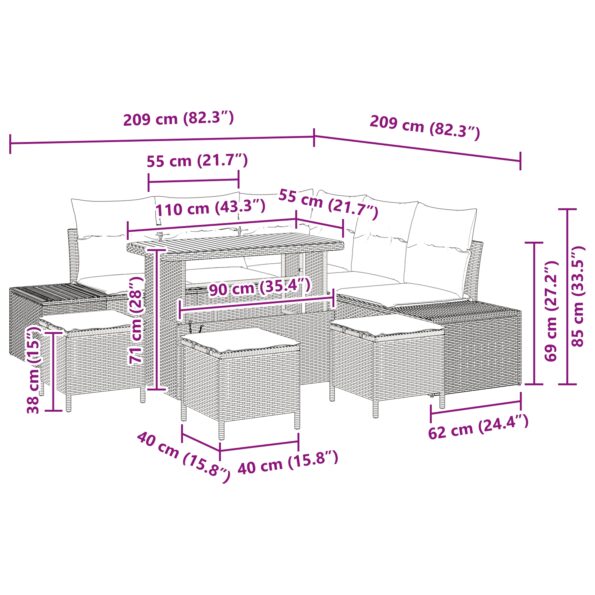 9-dielna súprava záhradného nábytku s vankúšmi čierny poly ratan akácia, 2-miestna záhradná sedačka s vankúšmi čierny poly ratan, 4-dielna súprava záhradného jedálenského nábytku s vankúšmi čierny poly ratan akácia – Obrázok 10
