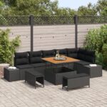 vidaXL 9-dielny záhradný set sedačiek s vankúšmi čierny polyratan akácia