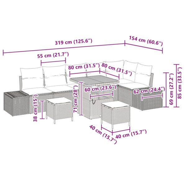 vidaXL 9 dielna záhradná sedačka so vankúšmi béžová poly ratan akáciová – Obrázok 10