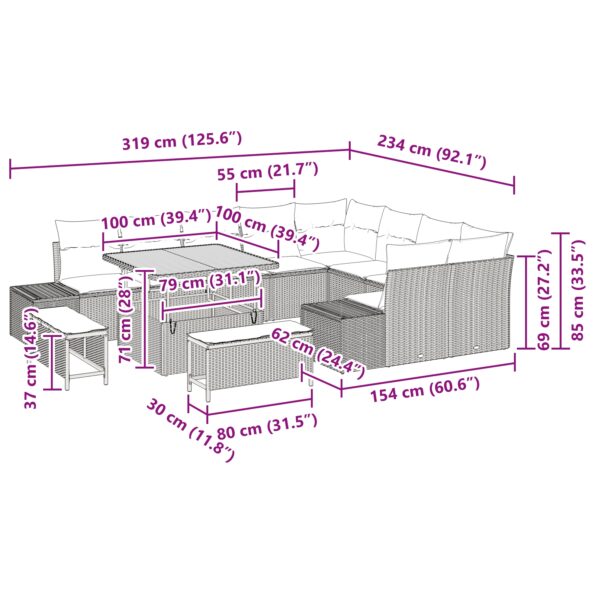 vidaXL 12-dielny set záhradných pohoviek s vankúšmi čierny poly ratan akácia – Obrázok 10