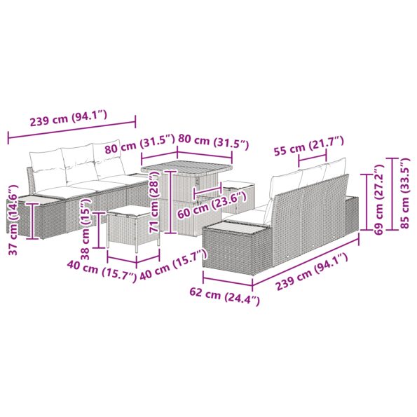 3362867_12.jpg vidaXL 9-dielny záhradný gaučový set s vankúšmi béžový poly ratan – Obrázok 12