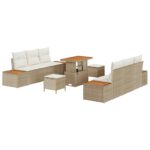 Súprava záhradnej pohovky vidaXL 9 kusov s vankúšmi Béžová Poly Ratan, Súprava záhradného jedálenského stola vidaXL 3 kusy s vankúšmi Béžová Poly Ratan – Obrázok 2