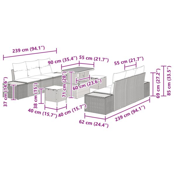 vidaXL 9-dielna záhradná sedačka s vankúšmi Béžový poly ratan akácia – Obrázok 12