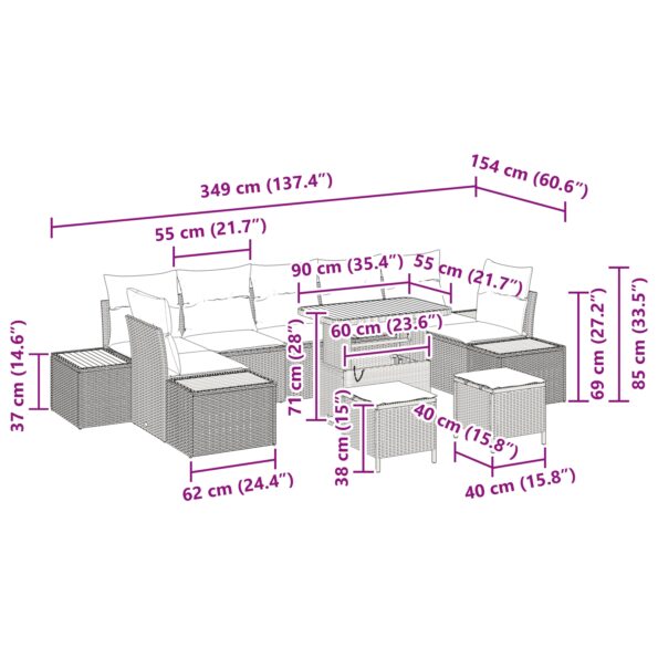 vidaXL 10-dielna záhradná sedacia súprava s vankúšmi béžová poly ratanové akácia – Obrázok 12