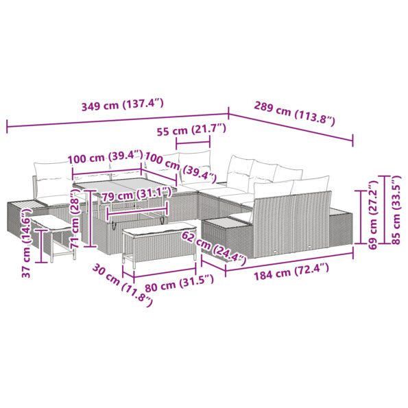 vidaXL 13-dielna súprava záhradného gauča s vankúšmi čierny poly ratan akácia – Obrázok 12