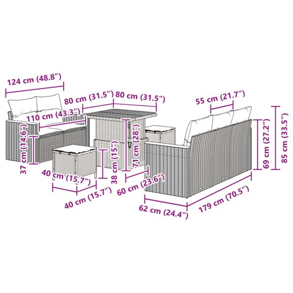 vidaXL 8-dielna súprava záhradného gauča s vankúšmi čierny poly ratan akácia – Obrázok 12