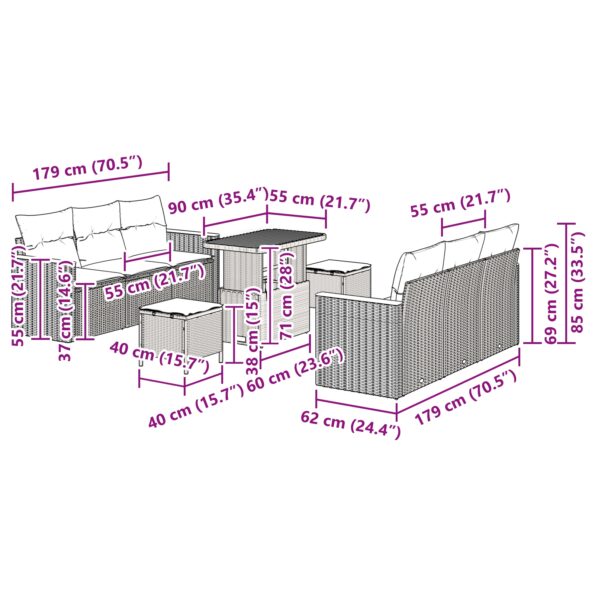 vidaXL 9-dielny záhradný gaučový set s vankúšmi Béžový Poly Ratan Akácia – Obrázok 12