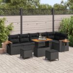 vidaXL 9-dielna súprava záhradného sofa s vankúšmi čierny poly ratan akácia