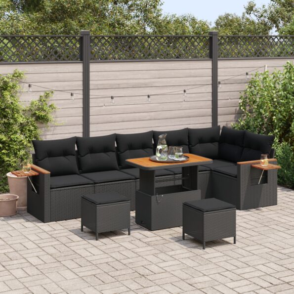 3363194_1.jpg vidaXL 9-dielna súprava záhradného sofa s vankúšmi čierny poly ratan akácia – Obrázok 1