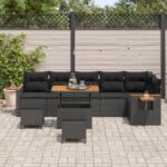 vidaXL 9-dielna súprava záhradného sofa s vankúšmi čierny poly ratan akácia – Obrázok 3