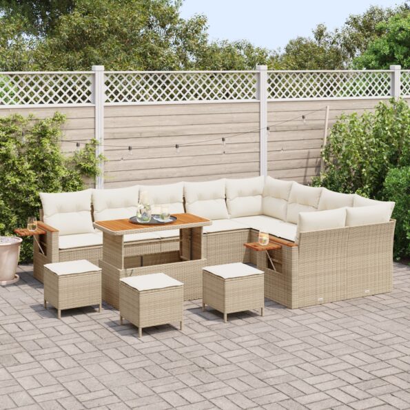 vidaXL 13-dielna záhradná súprava na sedenie s vankúšmi Béžová Poly ratan Akácia – Obrázok 3