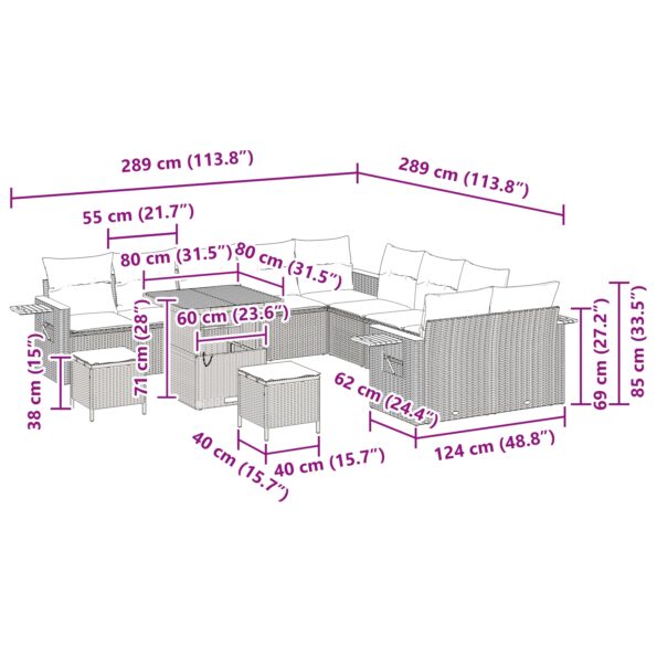 vidaXL 13 kusová súprava záhradného gauča s vankúšmi, čierny polyratan a akácia – Obrázok 13