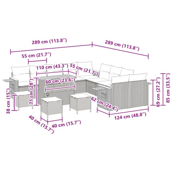 vidaXL 14-dielna záhradná pohovka s vankúšmi, šedý poly ratan, akácia – Obrázok 13