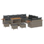 vidaXL 14-dielna záhradná pohovka s vankúšmi, šedý poly ratan, akácia – Obrázok 2