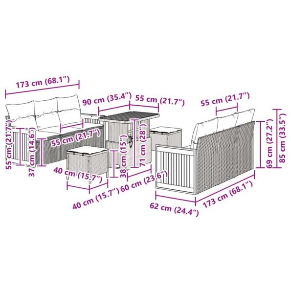 vidaXL 9-dielna záhradná súprava pohoviek s vankúšmi Čierny Poly Ratan Akácia – Obrázok 9