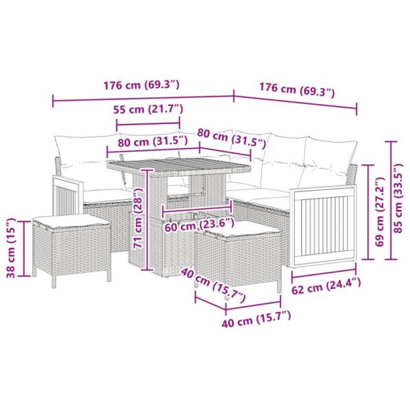 vidaXL 8-dielny záhradný pohovkový set s vankúšmi čierny poly ratan akáciový – Obrázok 7