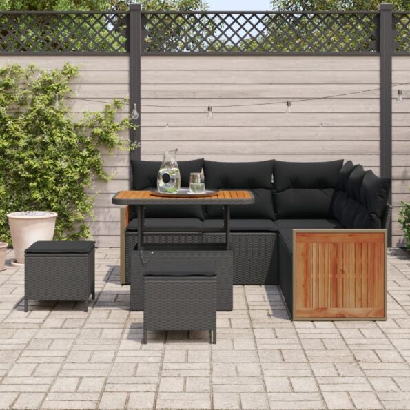 vidaXL 8-dielna súprava záhradného gauča s vankúšmi Čierna Poly ratan Akácia – Obrázok 3