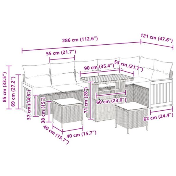 vidaXL 9-dielna záhradná sedacia súprava s vankúšmi čierna poly ratan a akácia – Obrázok 10