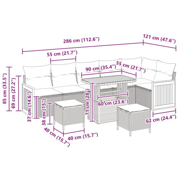 Súprava záhradných pohoviek vidaXL 9 kusov s vankúšmi béžová polyratan akácia, Súprava záhradných pohoviek vidaXL 2-miestna s vankúšmi béžová polyratan, Súprava záhradného jedálenského nábytku vidaXL 3 kusy s vankúšmi béžová polyratan akácia – Obrázok 6