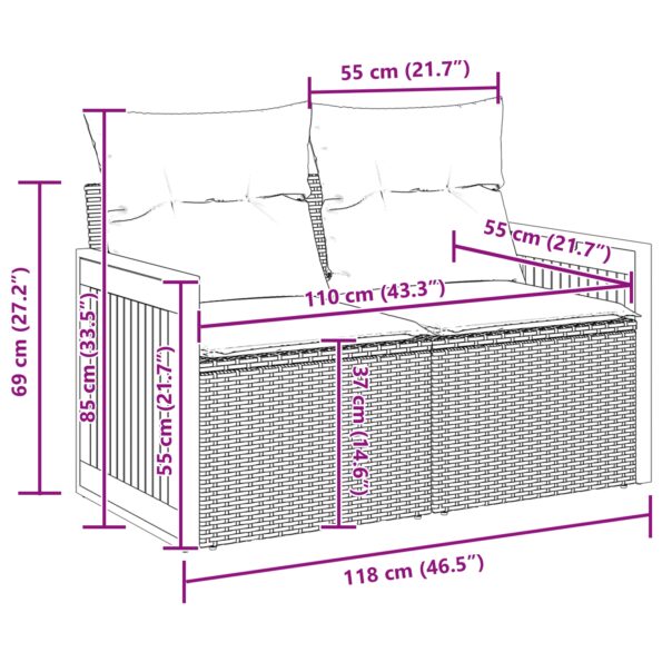 vidaXL 13-dielna záhradná pohovková súprava s vankúšmi Čierna Poly Ratan Akácia – Obrázok 12