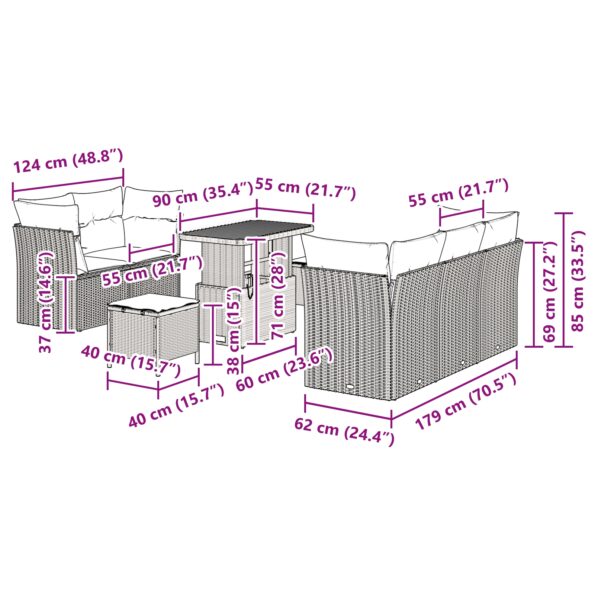 vidaXL 8-dielna záhradná pohovka s vankúšmi béžová polyratan akácie – Obrázok 12