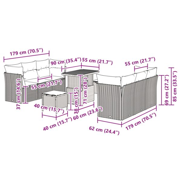 Záhradná pohovka vidaXL 9 kusov s vankúšmi Béžová Poly Ratan Akácia, Záhradný jedálenský súbor vidaXL 3 kusy s vankúšmi Béžová Poly Ratan Akácia – Obrázok 12