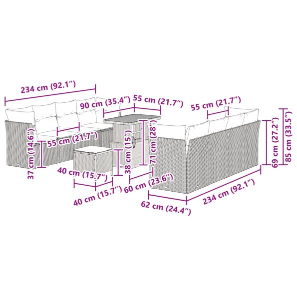 vidaXL 11-dielna súprava záhradného gauča s vankúšmi, čierny polyratan, akácia – Obrázok 12
