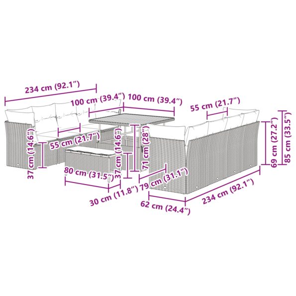 vidaXL 11-dielna záhradná pohovka s vankúšmi čierna poly ratan akácia – Obrázok 12