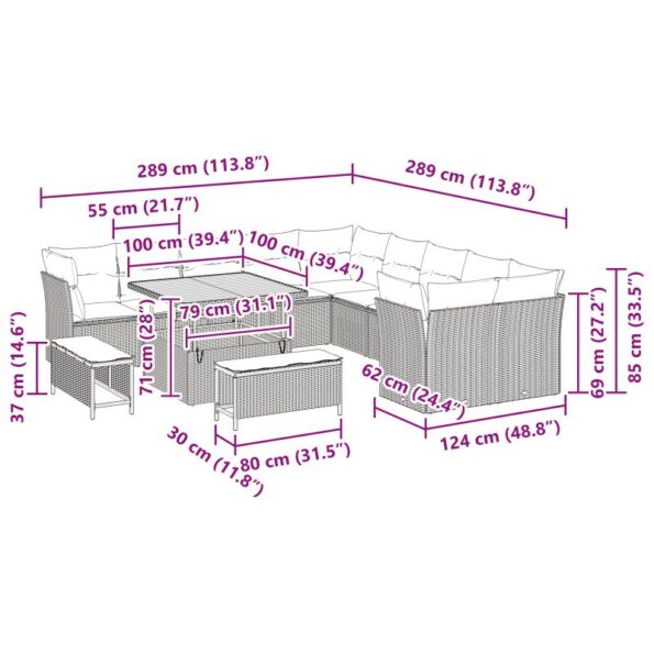vidaXL 13-dielna záhradná sedacia súprava s vankúšmi čierna poly ratanová acacia – Obrázok 12