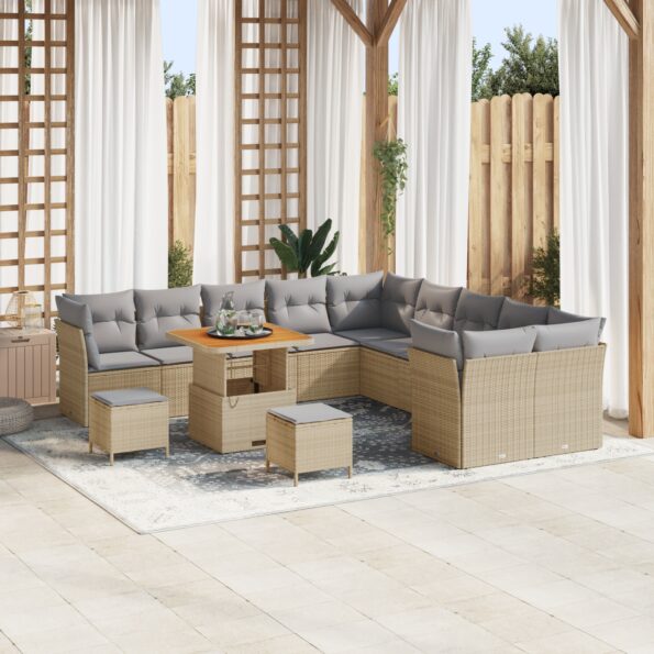 3363492_1.jpg vidaXL 13-dielny záhradný sofa set s vankúšmi béžový poly ratan akácia – Obrázok 1