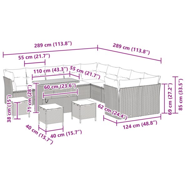 vidaXL 14-dielny záhradný pohovka set s vankúšmi šedý poly ratan akácia – Obrázok 12