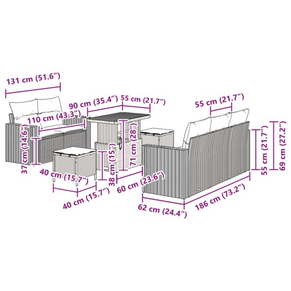 vidaXL 8-dielna záhradná súprava s gaučom a vankúšmi čierny poly ratan akácia – Obrázok 12