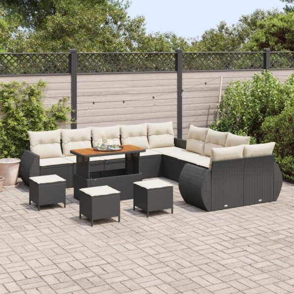 Záhradné pohovky vidaXL s 14 kusmi s vankúšmi Čierny poly ratan akácia, Súprava záhradného stolovania vidaXL s 4 kusmi s vankúšmi Čierny poly ratan akácia – Obrázok 3