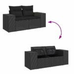 12 kusový set záhradných pohoviek s vankúšmi čierny poly ratan akáciový, 3 kusový záhradný jedálenský set s vankúšmi čierny poly ratan akáciový – Obrázok 12