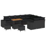 12 kusový set záhradných pohoviek s vankúšmi čierny poly ratan akáciový, 3 kusový záhradný jedálenský set s vankúšmi čierny poly ratan akáciový – Obrázok 2