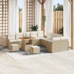 Záhradný sedačkový set vidaXL, 13 kusov, s vankúšmi, Béžový, Polyratan, Akácia, Záhradná sedačka vidaXL, 2-miestna, so skladovaním a vankúšmi, Béžová, Polyratan, Záhradný jedálenský set vidaXL, 3 kusy, s vankúšmi, Béžový, Polyratan, Akácia