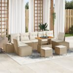 vidaXL 10-dielny záhradný pohovkový set s vankúšmi Béžový Poly Rattan Akácia