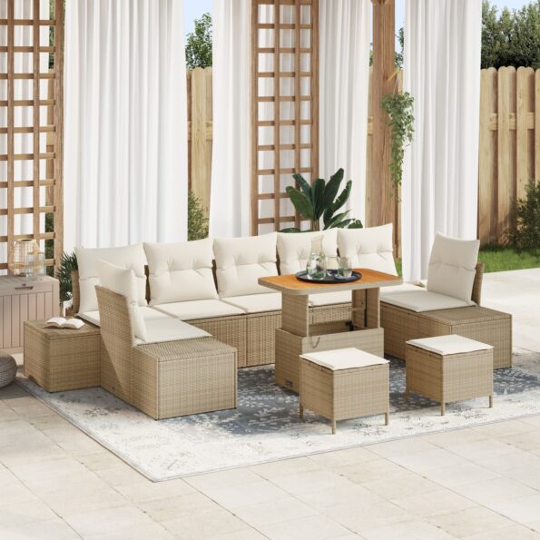 3364721_1.jpg vidaXL 10-dielny záhradný pohovkový set s vankúšmi Béžový Poly Rattan Akácia – Obrázok 1