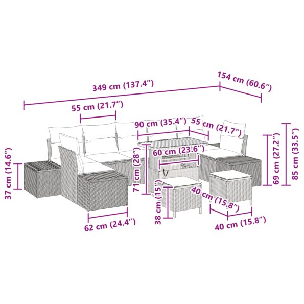 3364721_12.jpg vidaXL 10-dielny záhradný pohovkový set s vankúšmi Béžový Poly Rattan Akácia – Obrázok 12