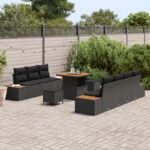 vidaXL 10-dielny záhradný gaučový set s vankúšmi, čierny poly ratan akácia – Obrázok 3